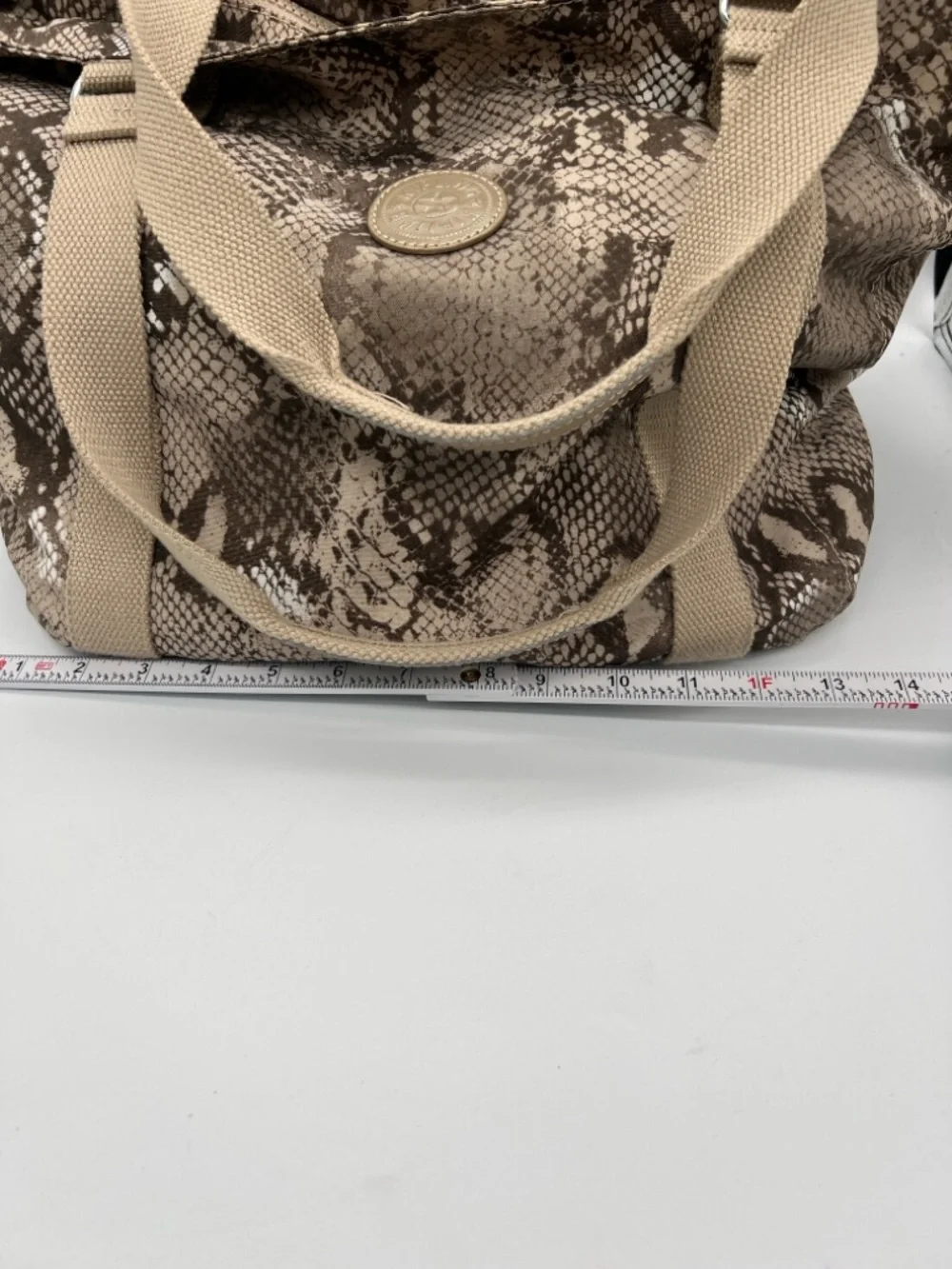 Kipling Taupe Snake-Print Canvas Tote with Beige Webbing